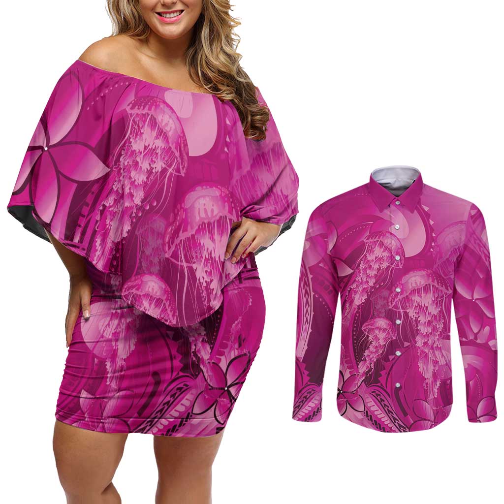 Pink Gradient Polynesia Jellyfish Couples Matching Off Shoulder Short Dress and Long Sleeve Button Shirt Plumeria Polynesian Tattoo Glowing Vibes