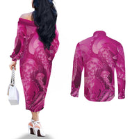 Pink Gradient Polynesia Jellyfish Couples Matching Off The Shoulder Long Sleeve Dress and Long Sleeve Button Shirt Plumeria Polynesian Tattoo Glowing Vibes