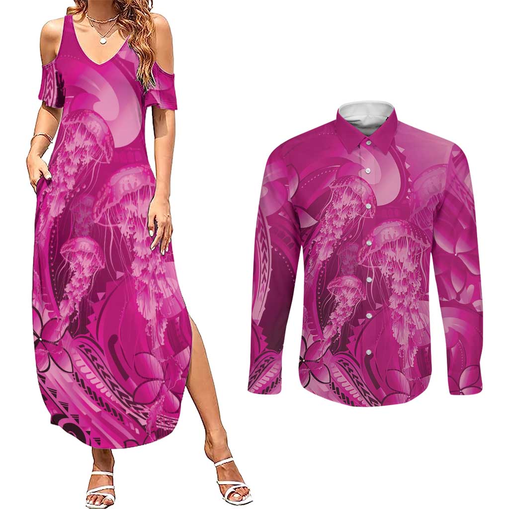 Pink Gradient Polynesia Jellyfish Couples Matching Summer Maxi Dress and Long Sleeve Button Shirt Plumeria Polynesian Tattoo Glowing Vibes