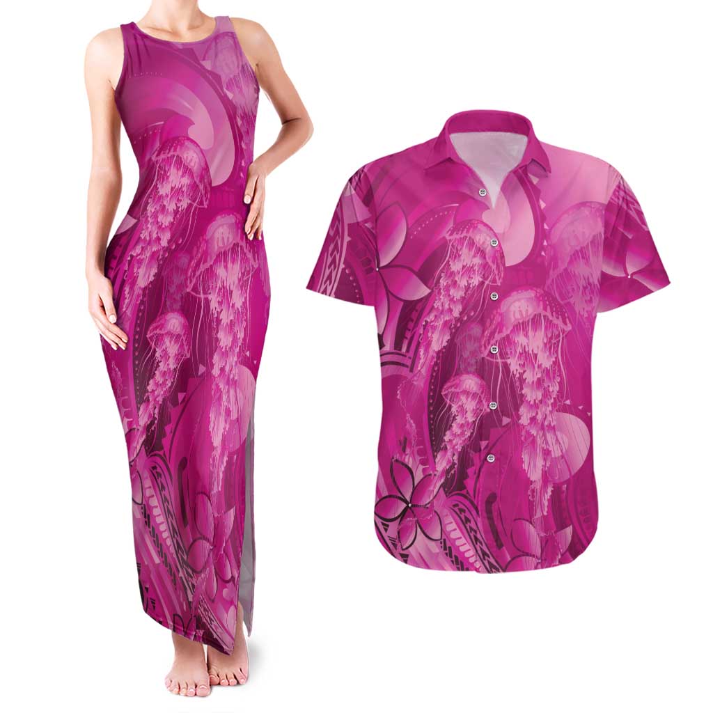 Pink Gradient Polynesia Jellyfish Couples Matching Tank Maxi Dress and Hawaiian Shirt Plumeria Polynesian Tattoo Glowing Vibes