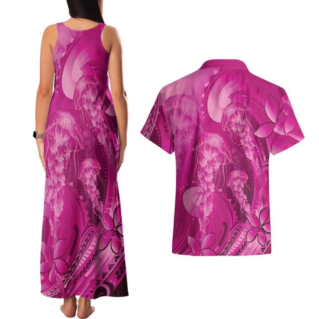 Pink Gradient Polynesia Jellyfish Couples Matching Tank Maxi Dress and Hawaiian Shirt Plumeria Polynesian Tattoo Glowing Vibes