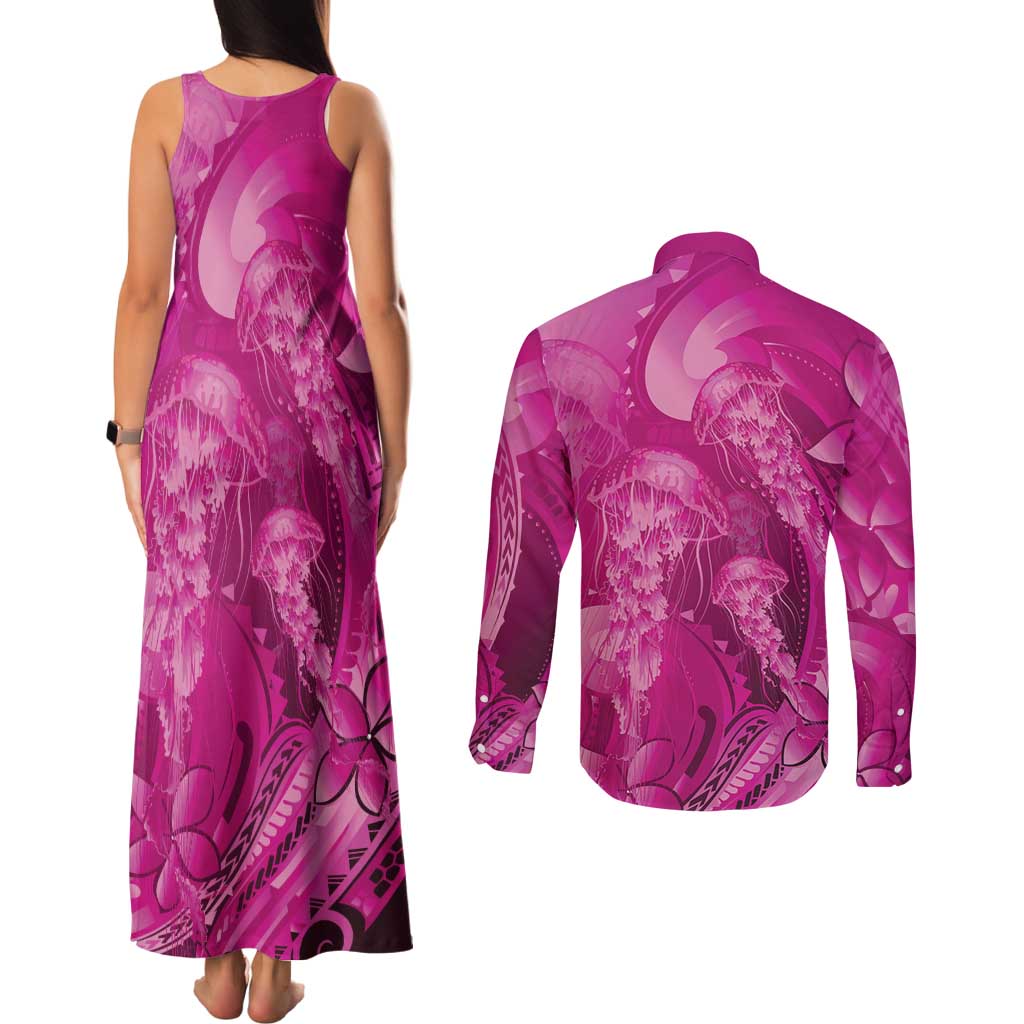 Pink Gradient Polynesia Jellyfish Couples Matching Tank Maxi Dress and Long Sleeve Button Shirt Plumeria Polynesian Tattoo Glowing Vibes