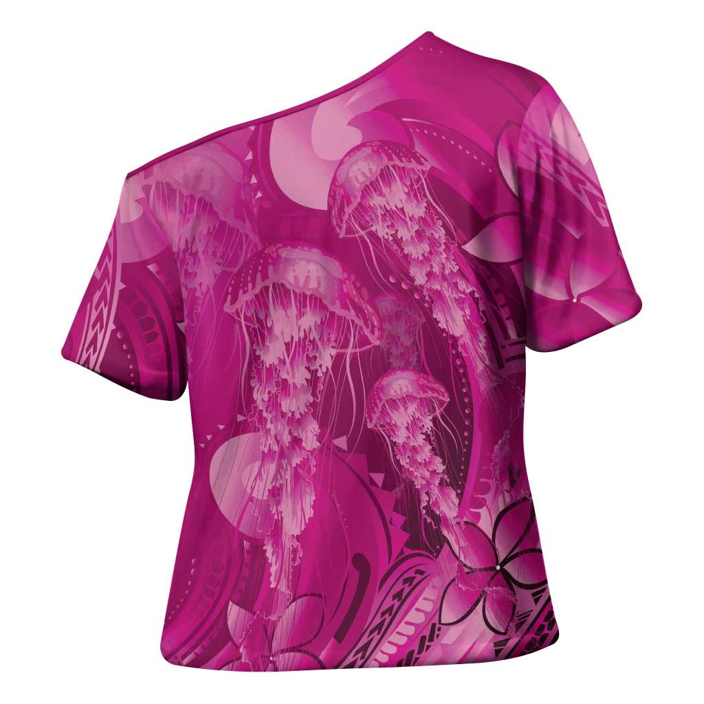Pink Gradient Polynesia Jellyfish Cross Shoulder Shirt Plumeria Polynesian Tattoo Glowing Vibes