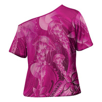 Pink Gradient Polynesia Jellyfish Cross Shoulder Shirt Plumeria Polynesian Tattoo Glowing Vibes