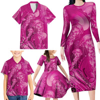 Pink Gradient Polynesia Jellyfish Family Matching Long Sleeve Bodycon Dress and Hawaiian Shirt Plumeria Polynesian Tattoo Glowing Vibes LT14 - Polynesian Pride