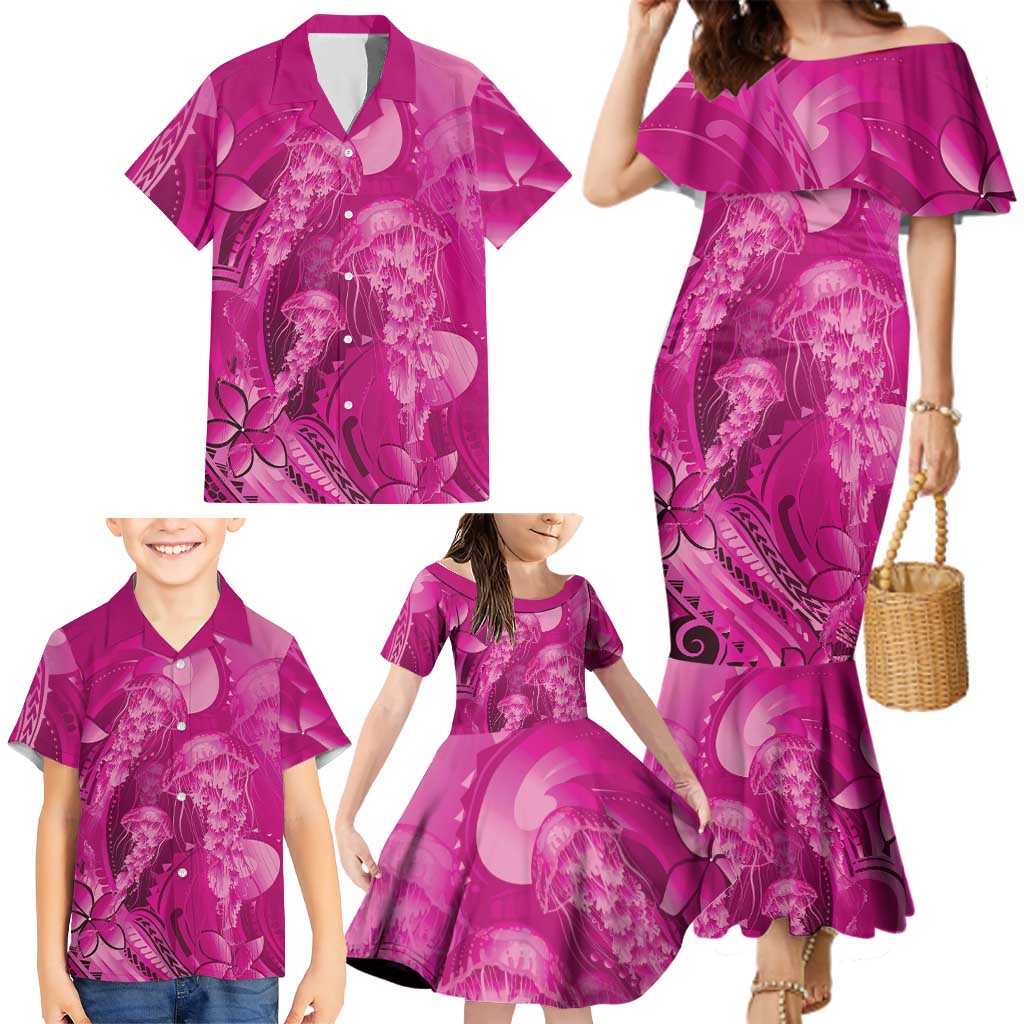 Pink Gradient Polynesia Jellyfish Family Matching Mermaid Dress and Hawaiian Shirt Plumeria Polynesian Tattoo Glowing Vibes