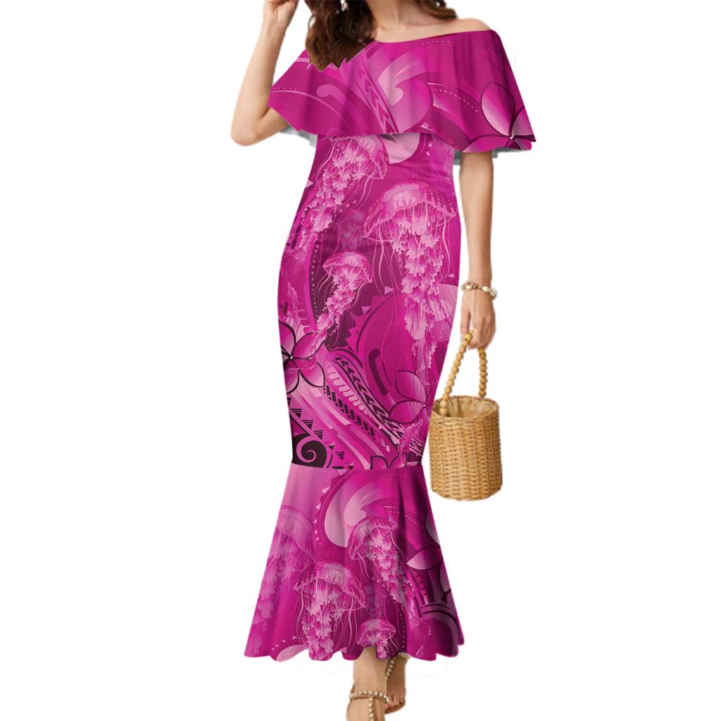 Pink Gradient Polynesia Jellyfish Family Matching Mermaid Dress and Hawaiian Shirt Plumeria Polynesian Tattoo Glowing Vibes LT14 Mom's Dress Pink - Polynesian Pride