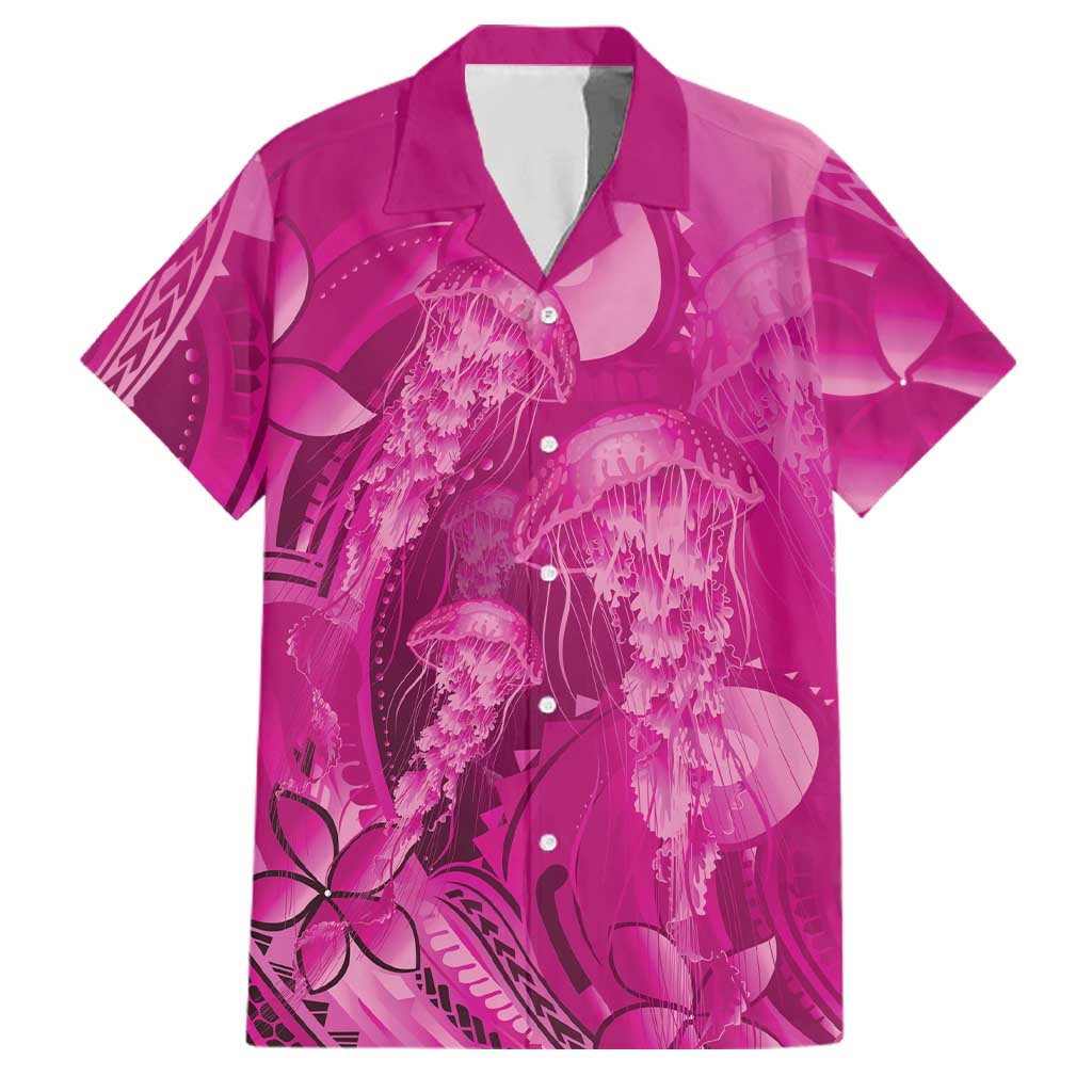 Pink Gradient Polynesia Jellyfish Family Matching Off Shoulder Maxi Dress and Hawaiian Shirt Plumeria Polynesian Tattoo Glowing Vibes LT14 Dad's Shirt - Short Sleeve Pink - Polynesian Pride