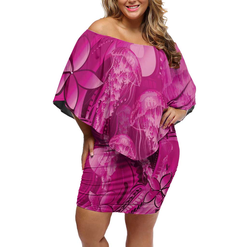 Pink Gradient Polynesia Jellyfish Family Matching Off Shoulder Short Dress and Hawaiian Shirt Plumeria Polynesian Tattoo Glowing Vibes LT14 Mom's Dress Pink - Polynesian Pride