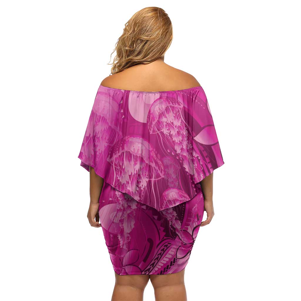 Pink Gradient Polynesia Jellyfish Family Matching Off Shoulder Short Dress and Hawaiian Shirt Plumeria Polynesian Tattoo Glowing Vibes LT14 - Polynesian Pride