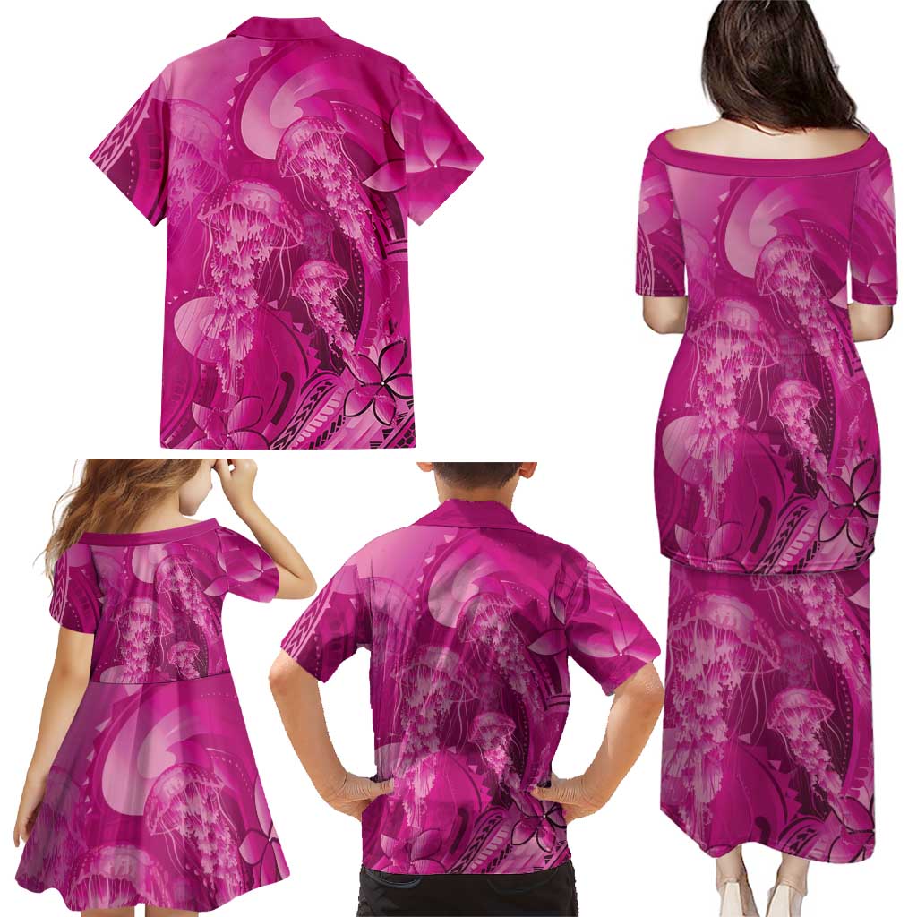 Pink Gradient Polynesia Jellyfish Family Matching Puletasi and Hawaiian Shirt Plumeria Polynesian Tattoo Glowing Vibes