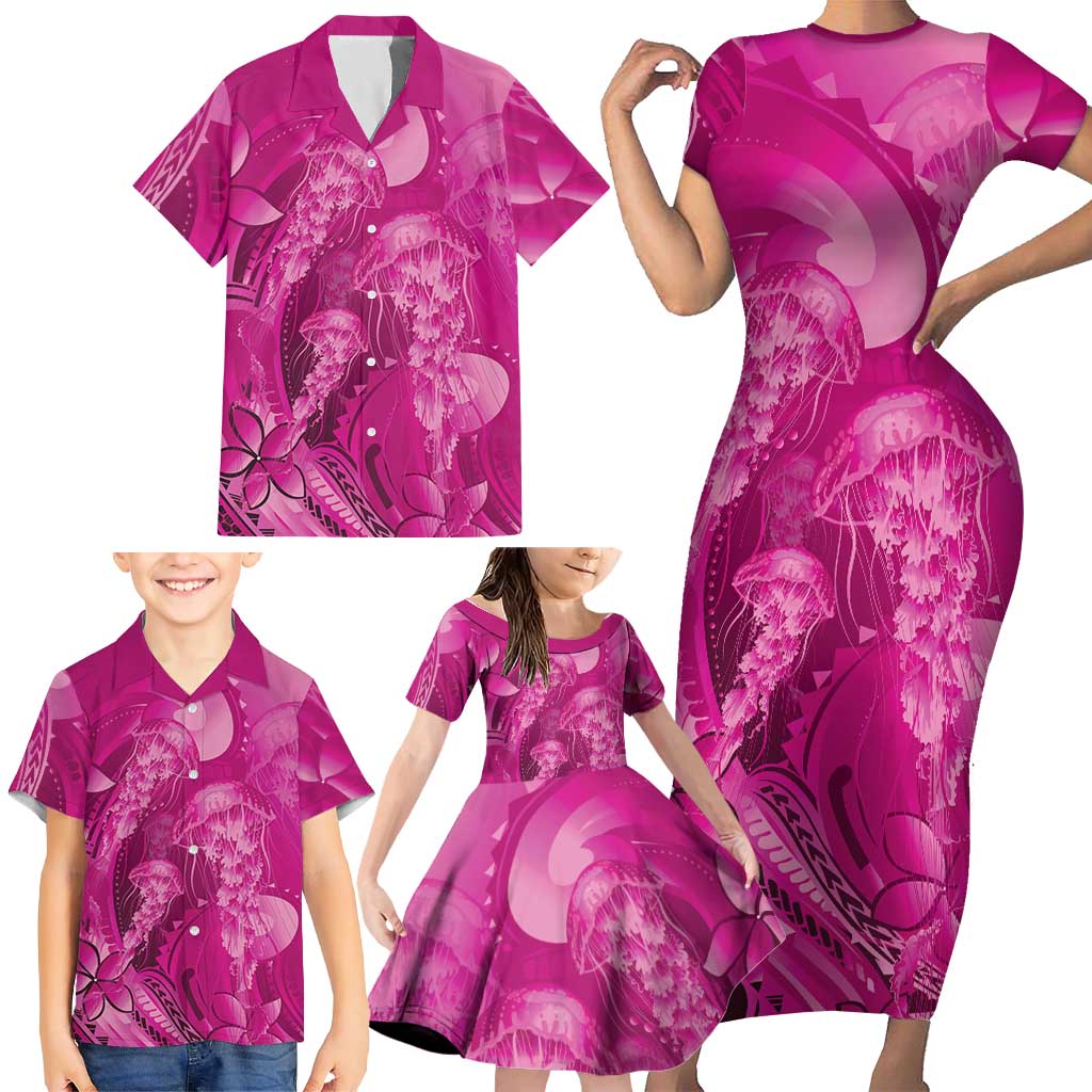 Pink Gradient Polynesia Jellyfish Family Matching Short Sleeve Bodycon Dress and Hawaiian Shirt Plumeria Polynesian Tattoo Glowing Vibes