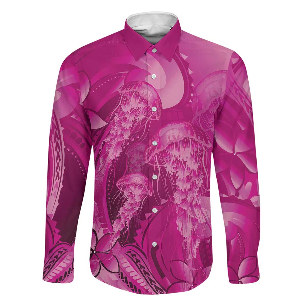 Pink Gradient Polynesia Jellyfish Family Matching Summer Maxi Dress and Hawaiian Shirt Plumeria Polynesian Tattoo Glowing Vibes LT14 Dad's Shirt - Long Sleeve Pink - Polynesian Pride