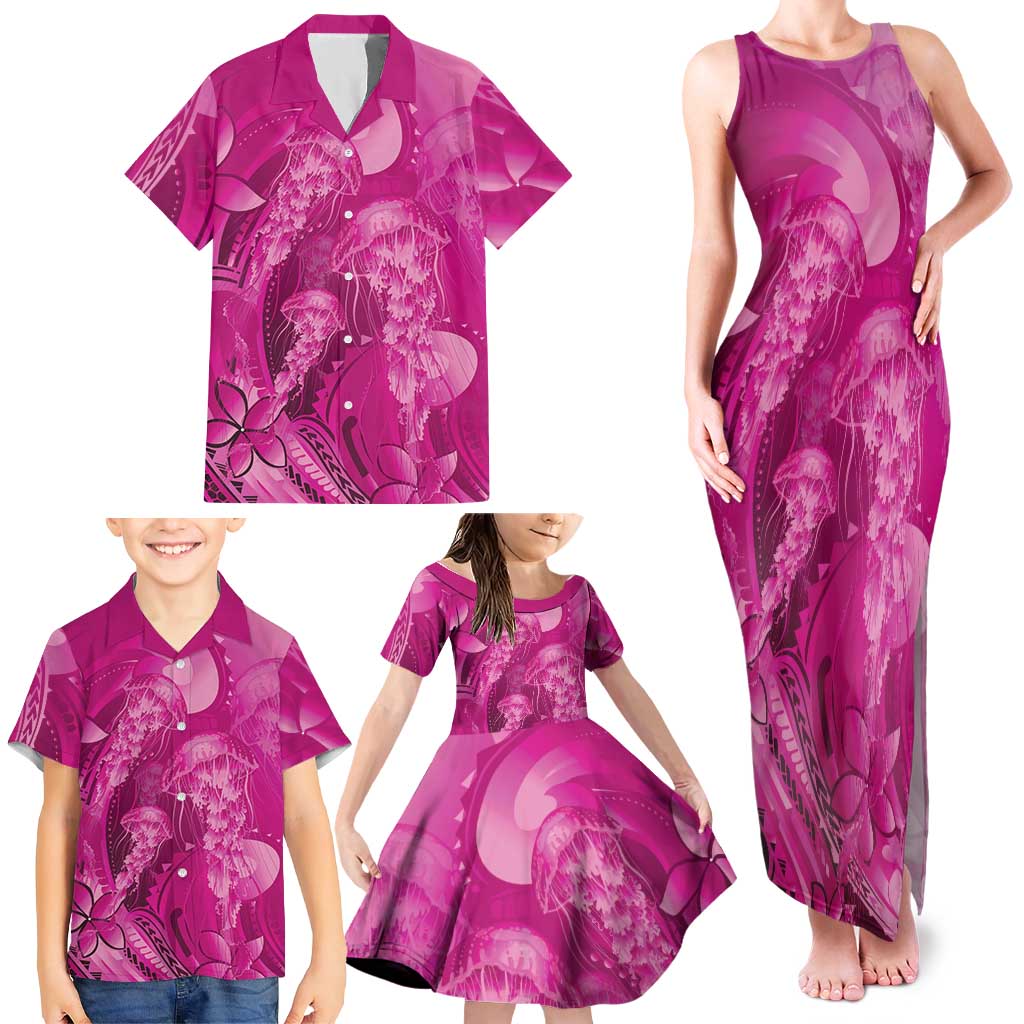 Pink Gradient Polynesia Jellyfish Family Matching Tank Maxi Dress and Hawaiian Shirt Plumeria Polynesian Tattoo Glowing Vibes LT14 - Polynesian Pride