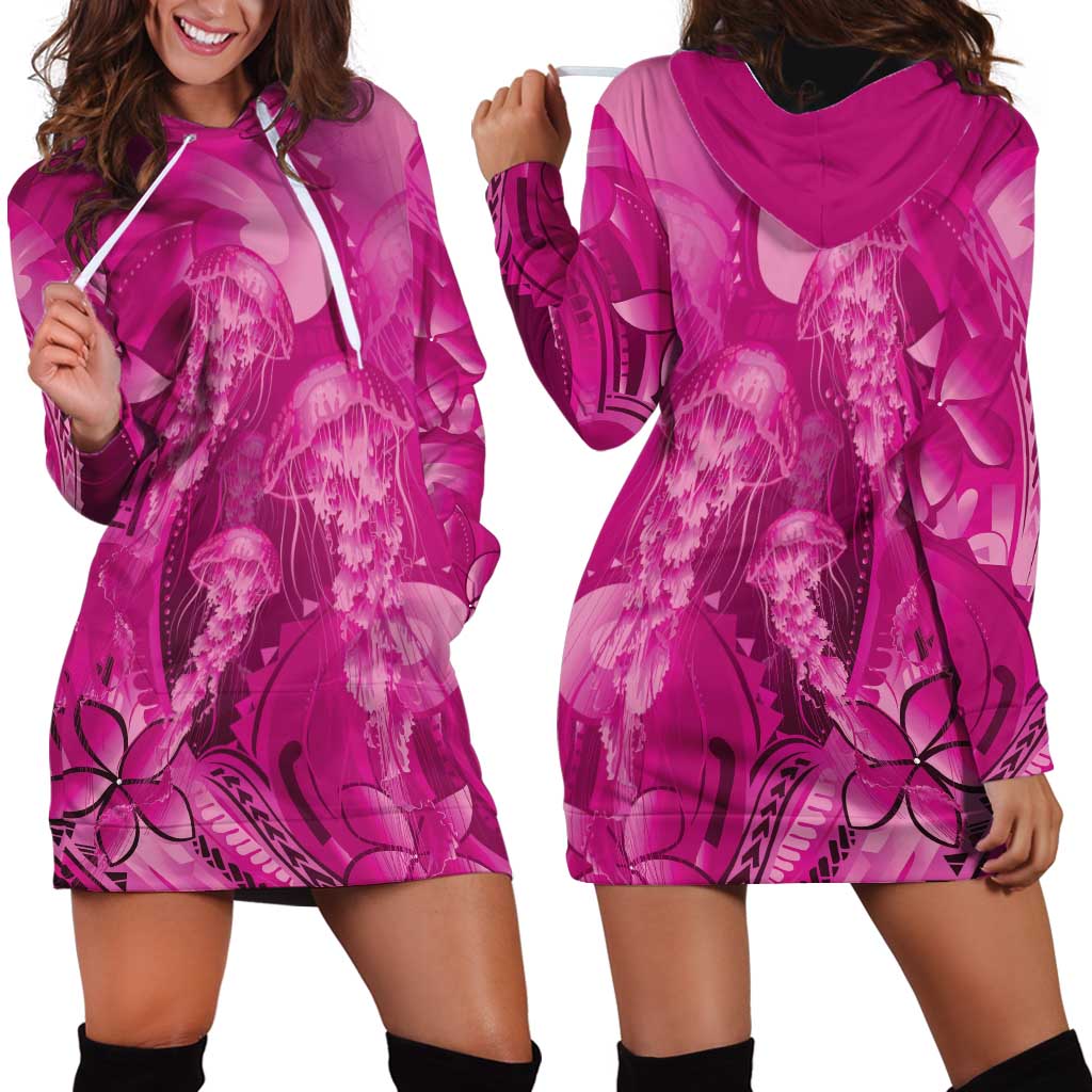 Pink Gradient Polynesia Jellyfish Hoodie Dress Plumeria Polynesian Tattoo Glowing Vibes