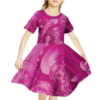Pink Gradient Polynesia Jellyfish Kid Short Sleeve Dress Plumeria Polynesian Tattoo Glowing Vibes