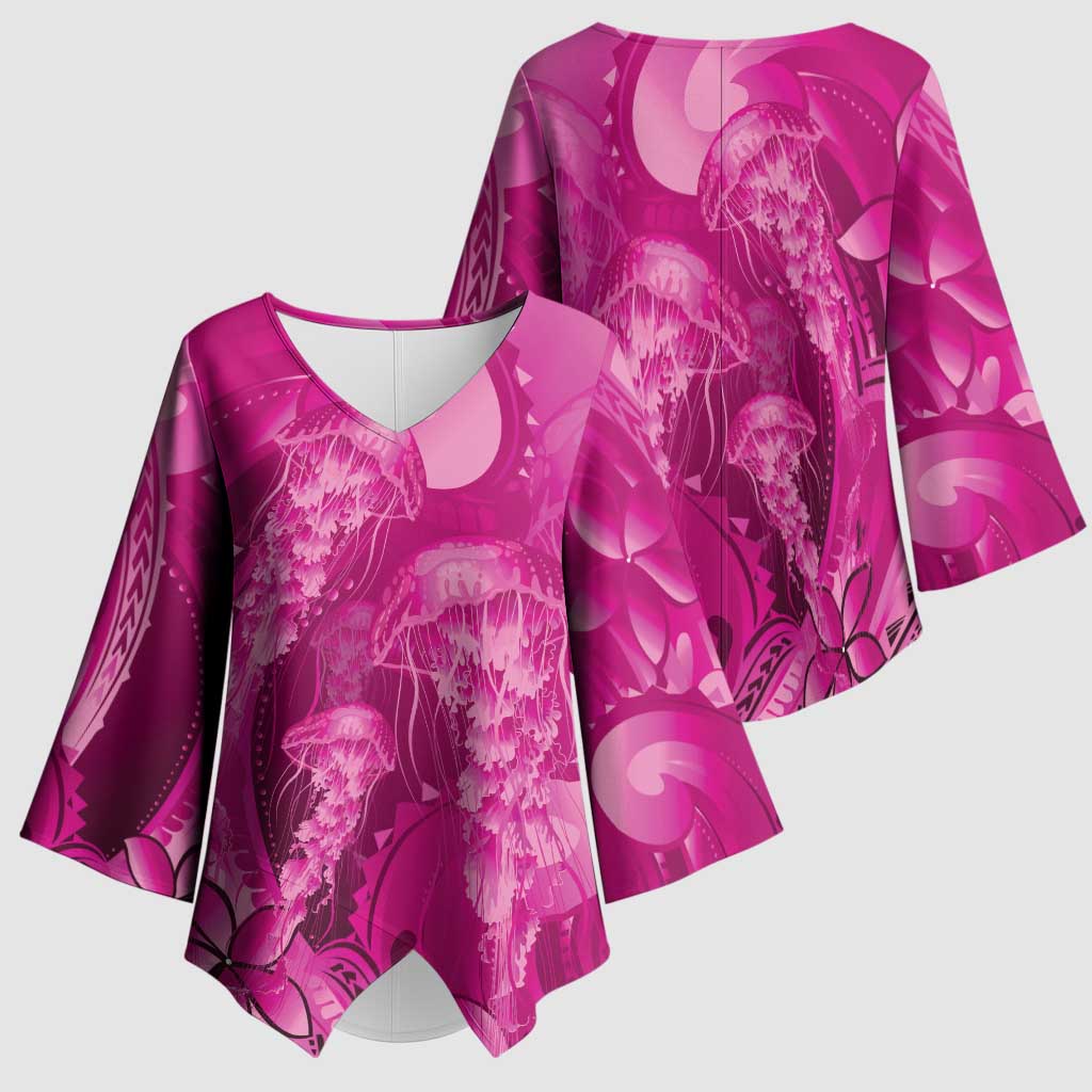 Pink Gradient Polynesia Jellyfish Kimono Sleeve Blouse Plumeria Polynesian Tattoo Glowing Vibes