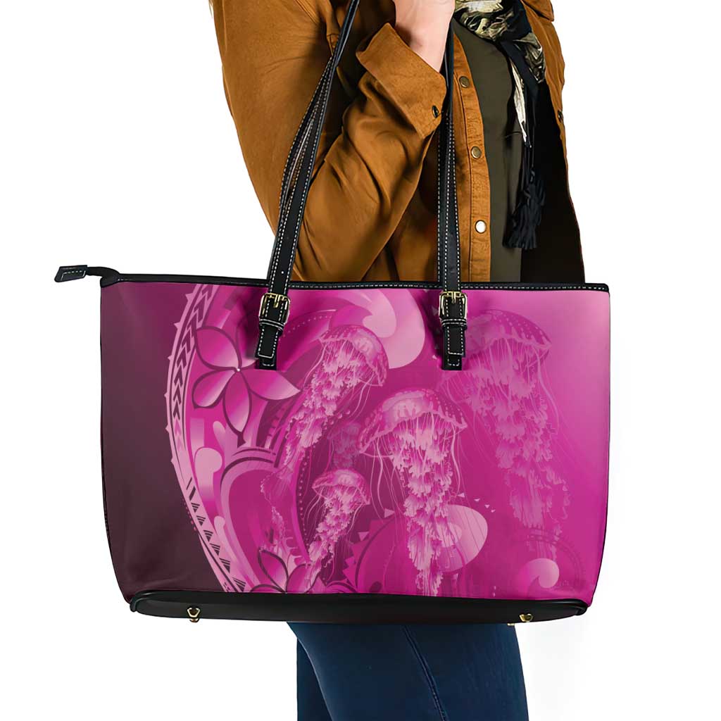 Pink Gradient Polynesia Jellyfish Leather Tote Bag Plumeria Polynesian Tattoo Glowing Vibes