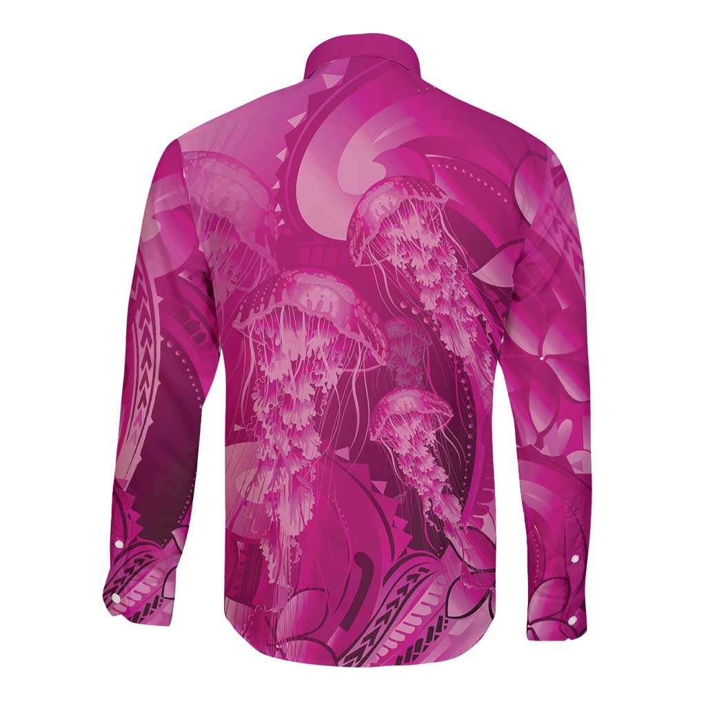 Pink Gradient Polynesia Jellyfish Long Sleeve Button Shirt Plumeria Polynesian Tattoo Glowing Vibes