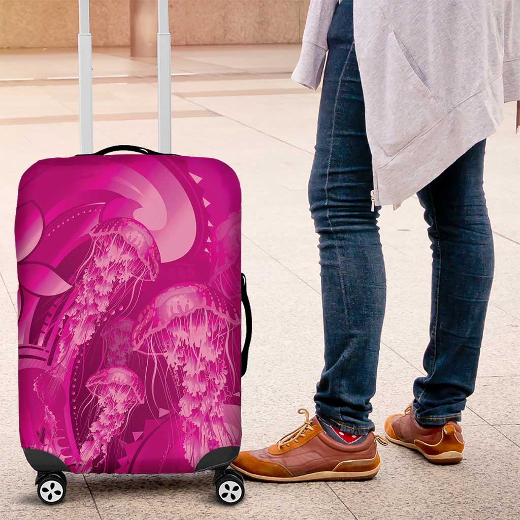 Pink Gradient Polynesia Jellyfish Luggage Cover Plumeria Polynesian Tattoo Glowing Vibes