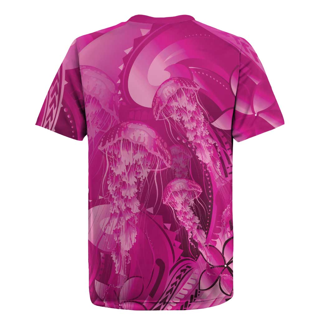Pink Gradient Polynesia Jellyfish Rugby Jersey Plumeria Polynesian Tattoo Glowing Vibes
