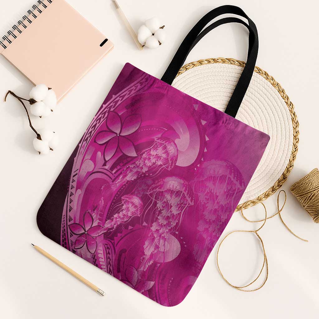 Pink Gradient Polynesia Jellyfish Tote Bag Plumeria Polynesian Tattoo Glowing Vibes