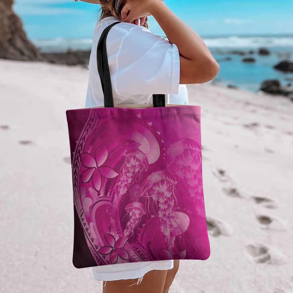 Pink Gradient Polynesia Jellyfish Tote Bag Plumeria Polynesian Tattoo Glowing Vibes