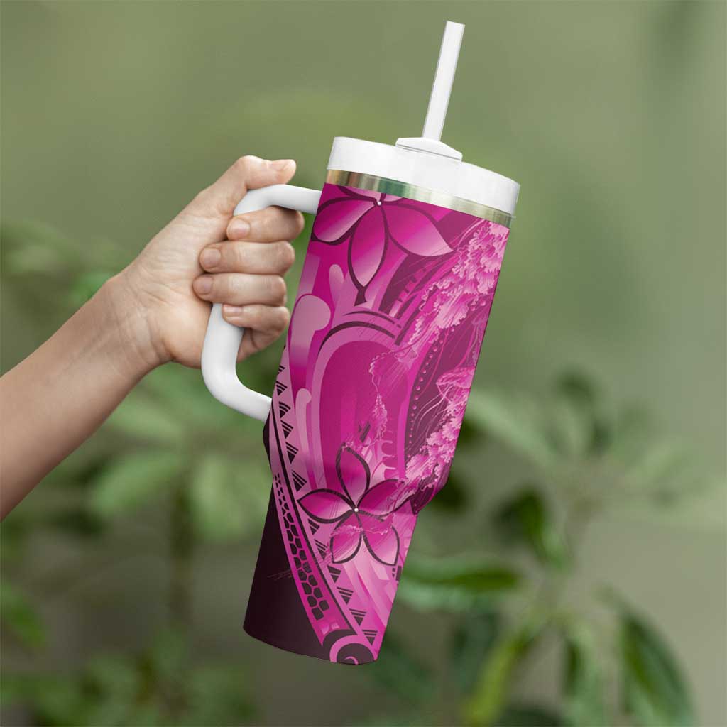 Pink Gradient Polynesia Jellyfish Tumbler With Handle Plumeria Polynesian Tattoo Glowing Vibes