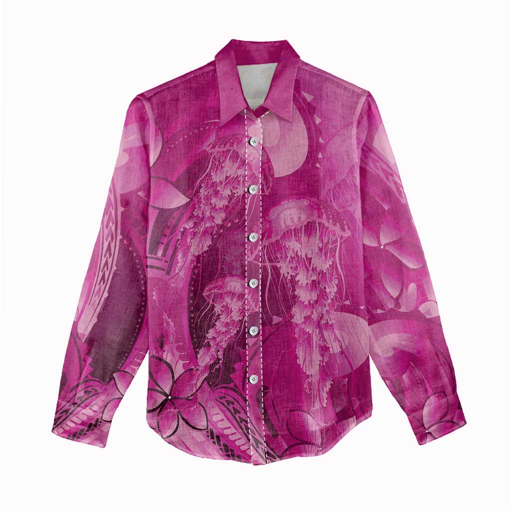 Pink Gradient Polynesia Jellyfish Women Casual Shirt Plumeria Polynesian Tattoo Glowing Vibes