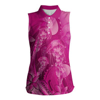 Pink Gradient Polynesia Jellyfish Women Sleeveless Polo Shirt Plumeria Polynesian Tattoo Glowing Vibes