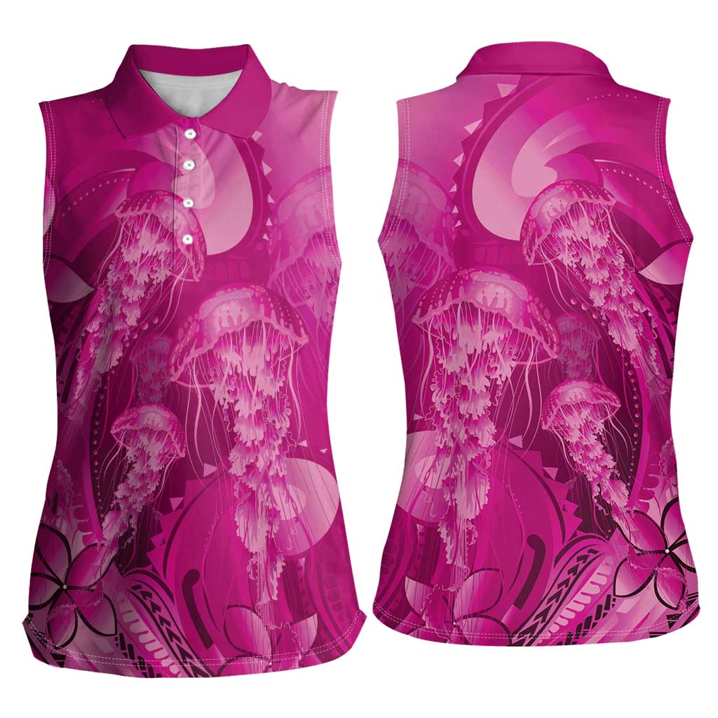 Pink Gradient Polynesia Jellyfish Women Sleeveless Polo Shirt Plumeria Polynesian Tattoo Glowing Vibes