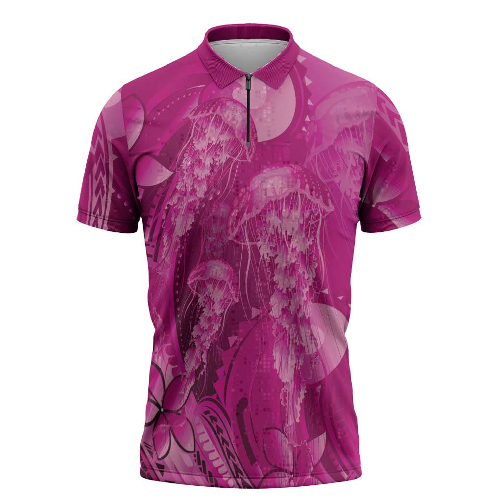 Pink Gradient Polynesia Jellyfish Zipper Polo Shirt Plumeria Polynesian Tattoo Glowing Vibes