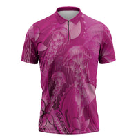 Pink Gradient Polynesia Jellyfish Zipper Polo Shirt Plumeria Polynesian Tattoo Glowing Vibes