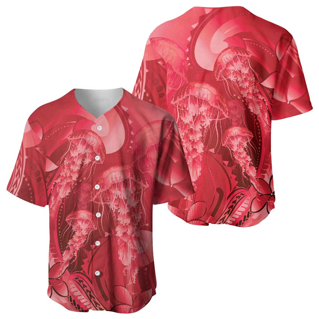 Red Gradient Polynesia Jellyfish Baseball Jersey Plumeria Polynesian Tattoo Glowing Vibes