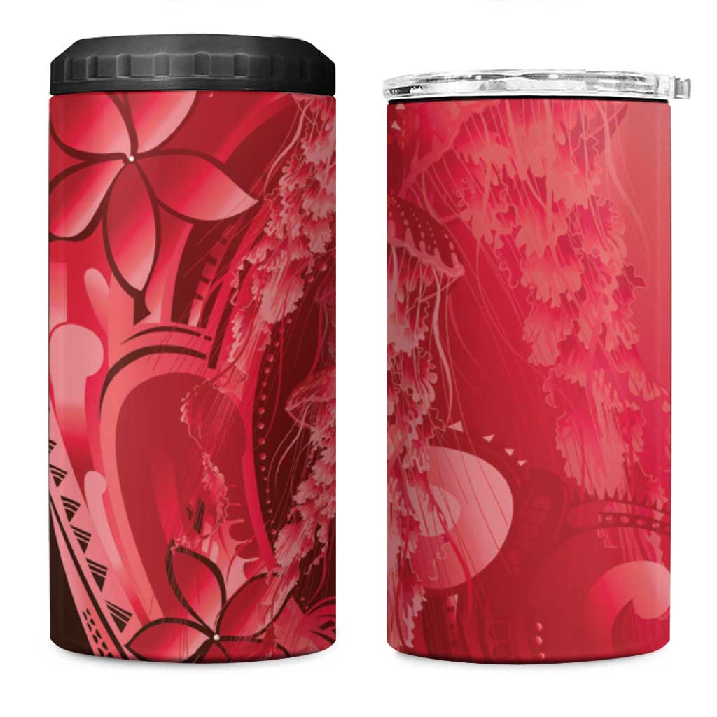 Red Gradient Polynesia Jellyfish 4 in 1 Can Cooler Tumbler Plumeria Polynesian Tattoo Glowing Vibes