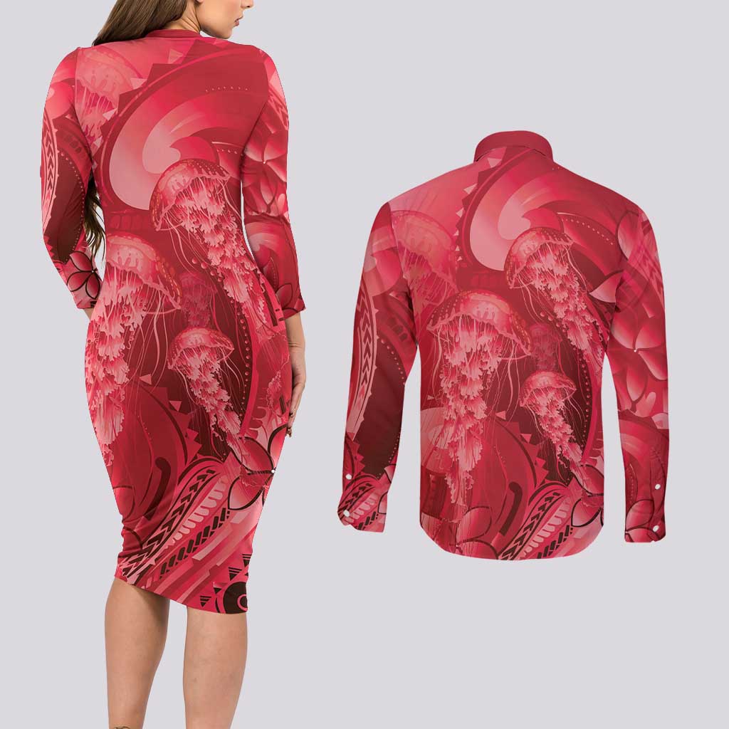 Red Gradient Polynesia Jellyfish Couples Matching Long Sleeve Bodycon Dress and Long Sleeve Button Shirt Plumeria Polynesian Tattoo Glowing Vibes