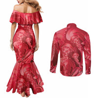 Red Gradient Polynesia Jellyfish Couples Matching Mermaid Dress and Long Sleeve Button Shirt Plumeria Polynesian Tattoo Glowing Vibes
