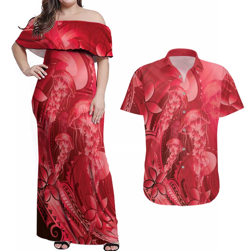 Red Gradient Polynesia Jellyfish Couples Matching Off Shoulder Maxi Dress and Hawaiian Shirt Plumeria Polynesian Tattoo Glowing Vibes