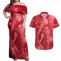 Red Gradient Polynesia Jellyfish Couples Matching Off Shoulder Maxi Dress and Hawaiian Shirt Plumeria Polynesian Tattoo Glowing Vibes
