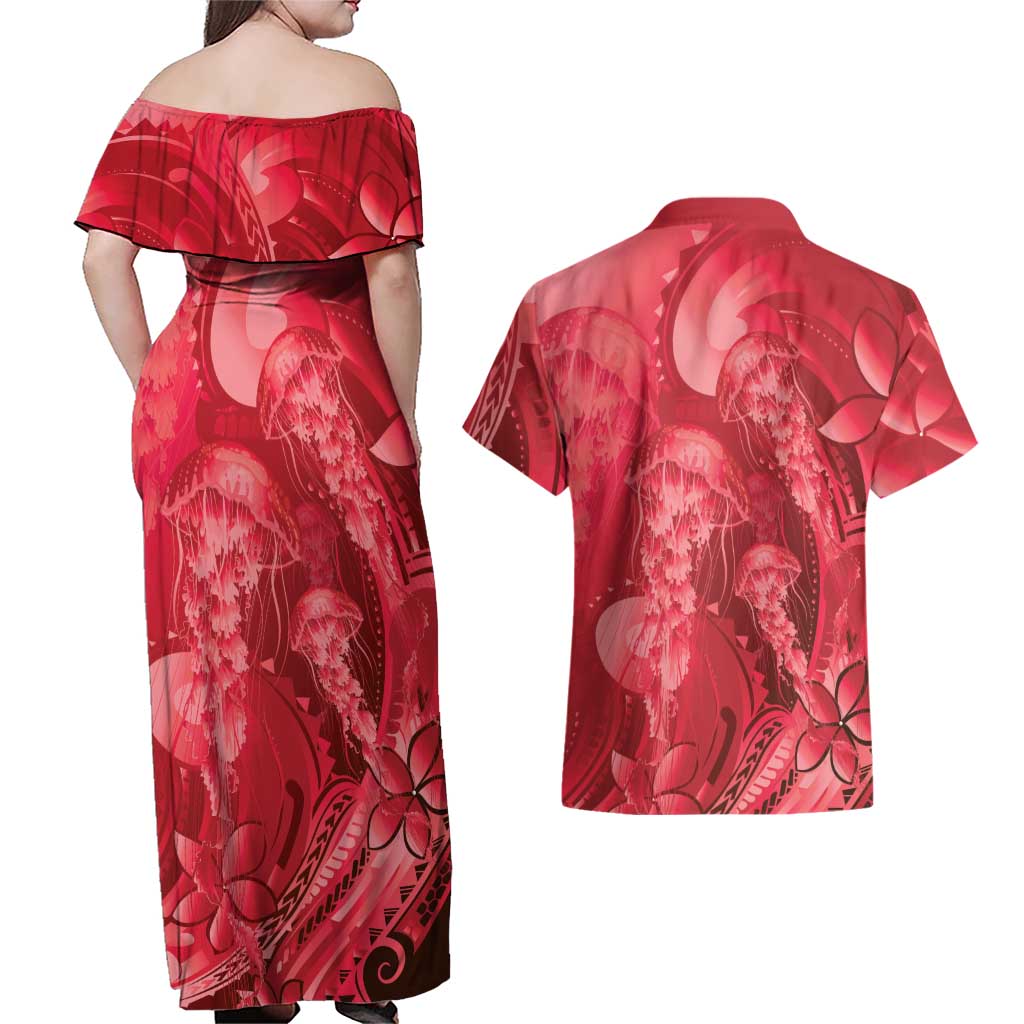 Red Gradient Polynesia Jellyfish Couples Matching Off Shoulder Maxi Dress and Hawaiian Shirt Plumeria Polynesian Tattoo Glowing Vibes