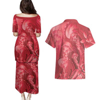 Red Gradient Polynesia Jellyfish Couples Matching Puletasi and Hawaiian Shirt Plumeria Polynesian Tattoo Glowing Vibes