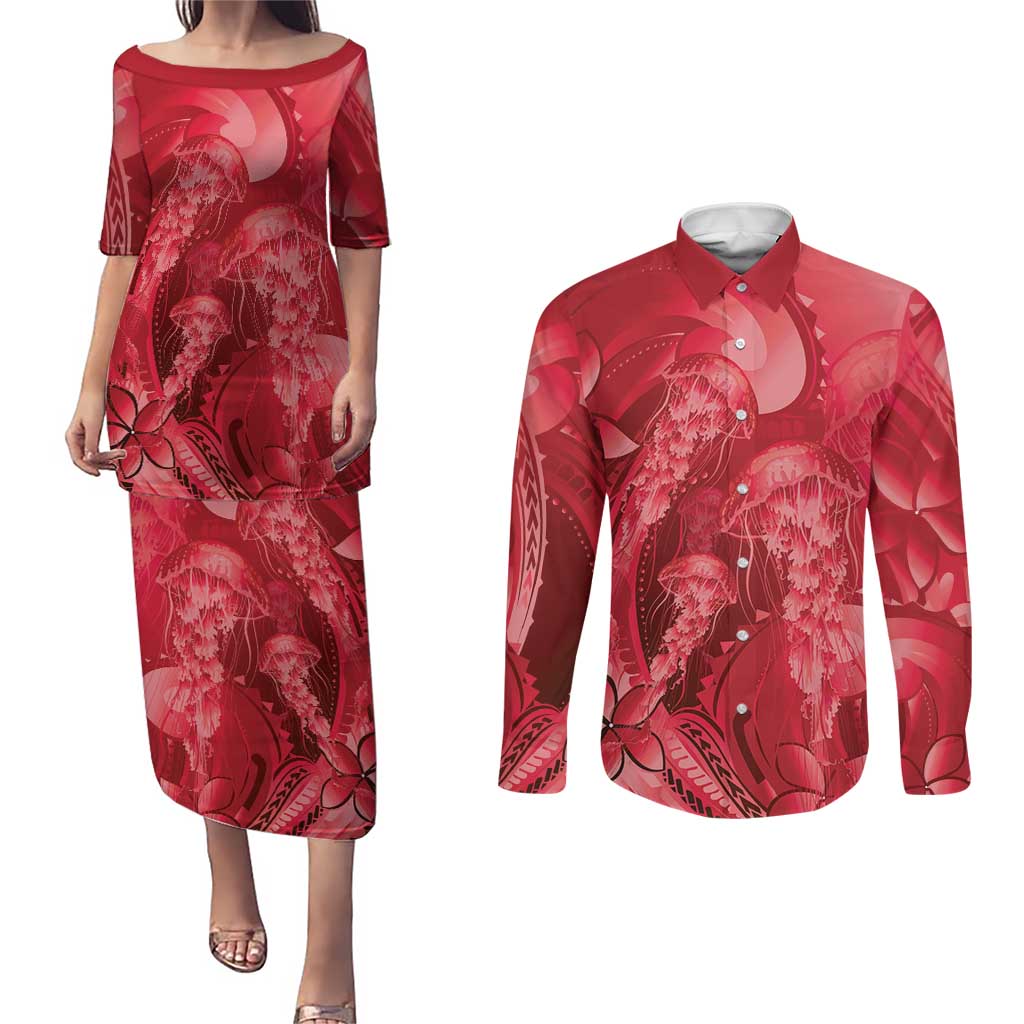 Red Gradient Polynesia Jellyfish Couples Matching Puletasi and Long Sleeve Button Shirt Plumeria Polynesian Tattoo Glowing Vibes