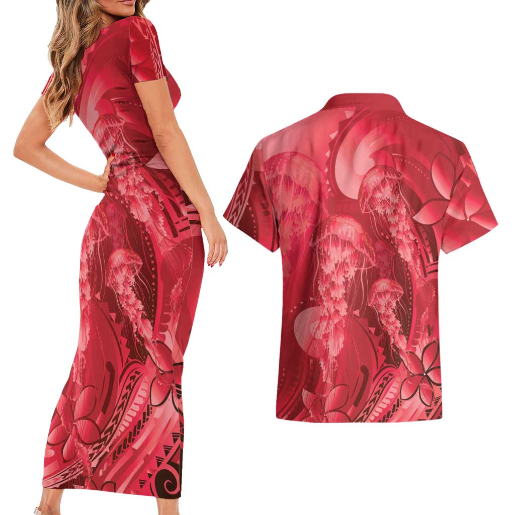 Red Gradient Polynesia Jellyfish Couples Matching Short Sleeve Bodycon Dress and Hawaiian Shirt Plumeria Polynesian Tattoo Glowing Vibes