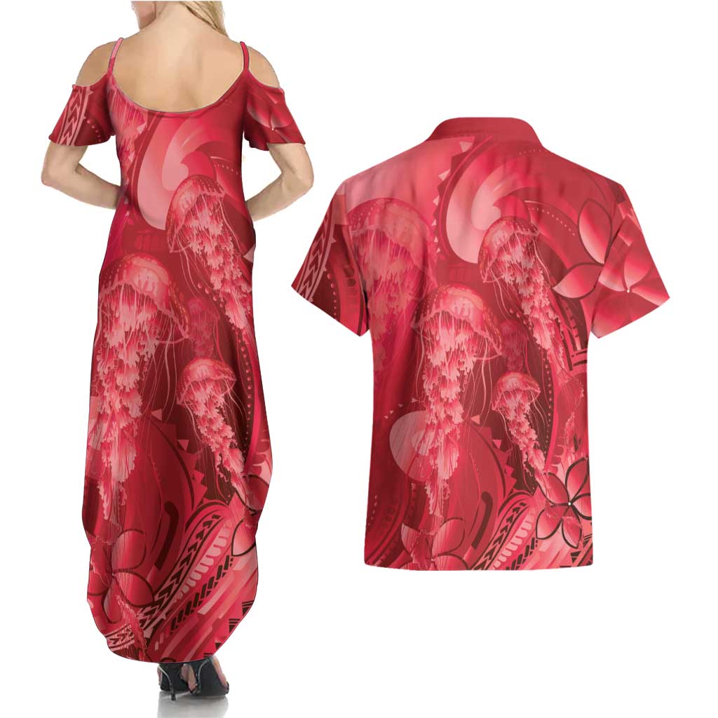 Red Gradient Polynesia Jellyfish Couples Matching Summer Maxi Dress and Hawaiian Shirt Plumeria Polynesian Tattoo Glowing Vibes