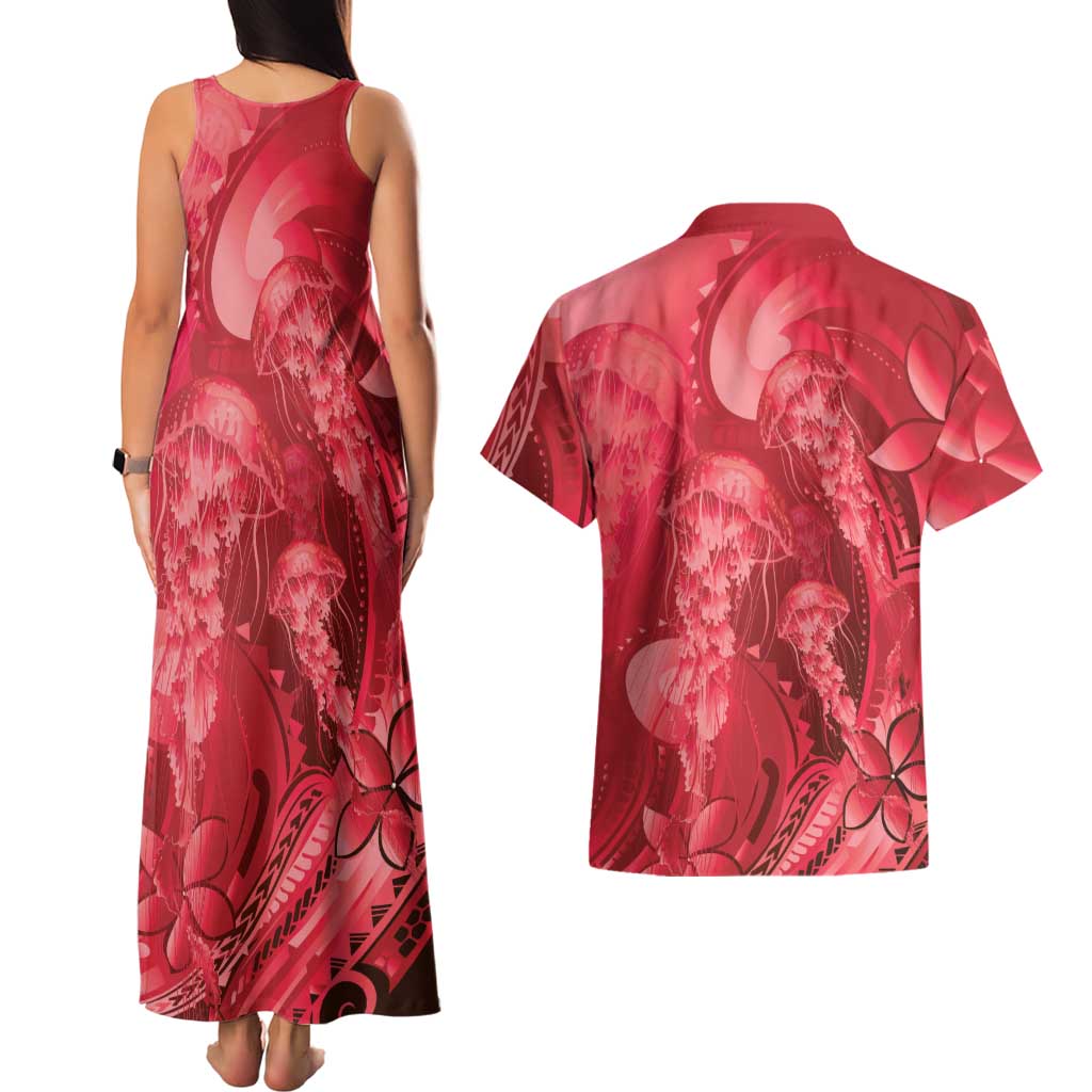 Red Gradient Polynesia Jellyfish Couples Matching Tank Maxi Dress and Hawaiian Shirt Plumeria Polynesian Tattoo Glowing Vibes