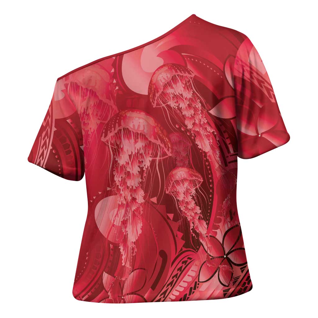 Red Gradient Polynesia Jellyfish Cross Shoulder Shirt Plumeria Polynesian Tattoo Glowing Vibes