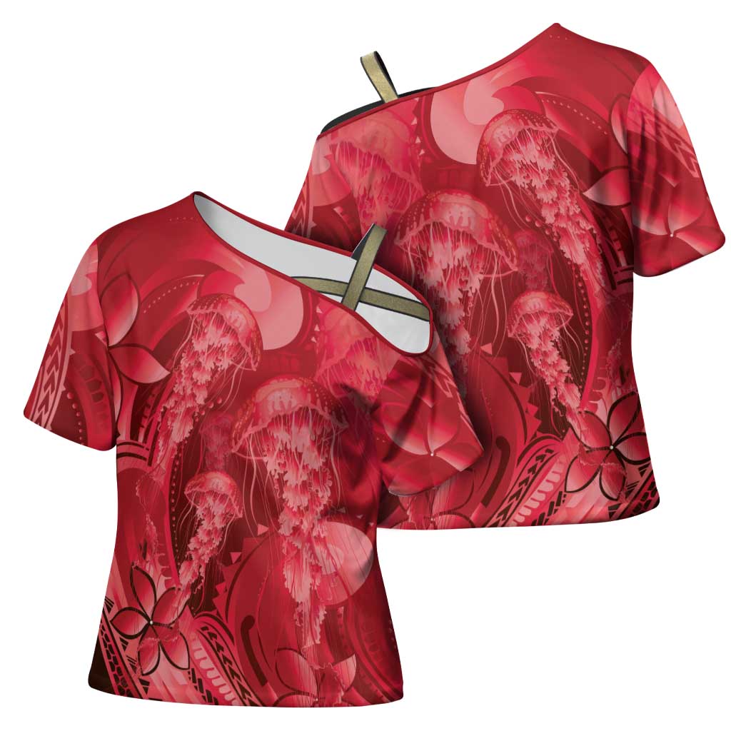 Red Gradient Polynesia Jellyfish Cross Shoulder Shirt Plumeria Polynesian Tattoo Glowing Vibes