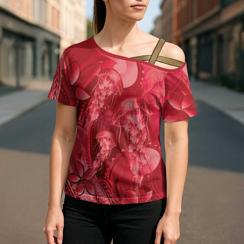 Red Gradient Polynesia Jellyfish Cross Shoulder Shirt Plumeria Polynesian Tattoo Glowing Vibes