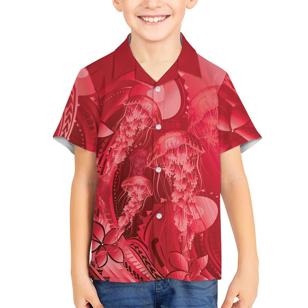 Red Gradient Polynesia Jellyfish Family Matching Long Sleeve Bodycon Dress and Hawaiian Shirt Plumeria Polynesian Tattoo Glowing Vibes LT14 Son's Shirt Red - Polynesian Pride