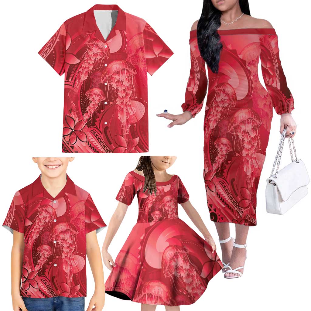Red Gradient Polynesia Jellyfish Family Matching Off The Shoulder Long Sleeve Dress and Hawaiian Shirt Plumeria Polynesian Tattoo Glowing Vibes